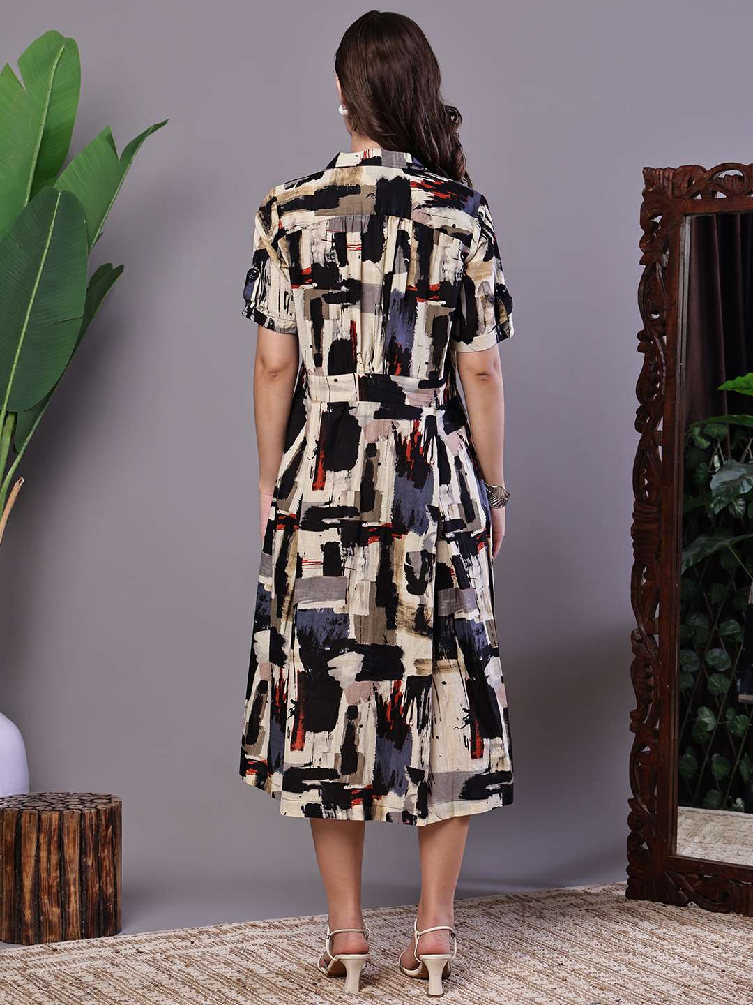 Women's Beige & Black Abstract Print Cotton Shirt Dress Midi Dresses - Image 2