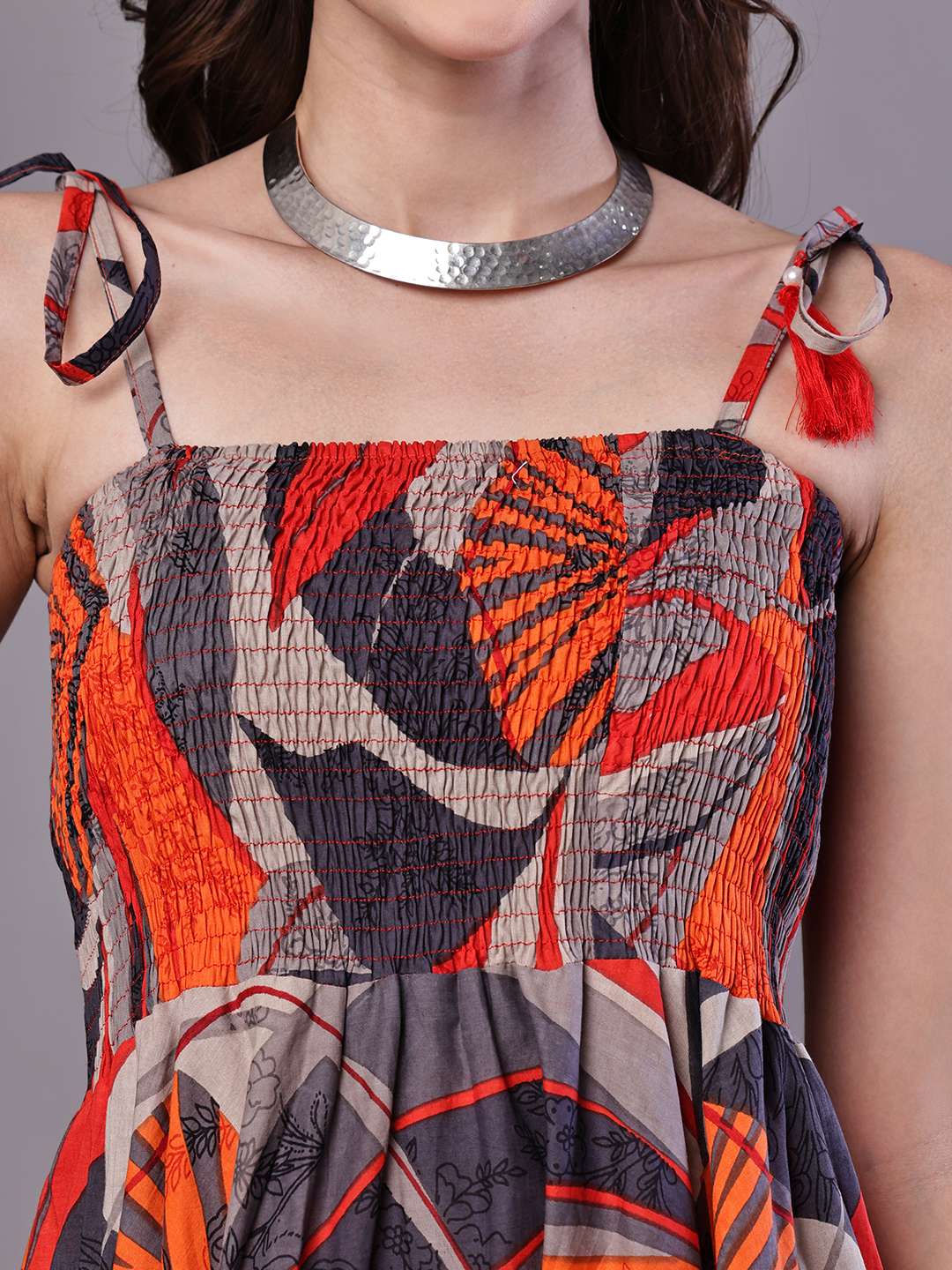 Women's Rust & Grey Abstract Print Cotton Handkerchief Hem Dress Midi Dresses - Image 5