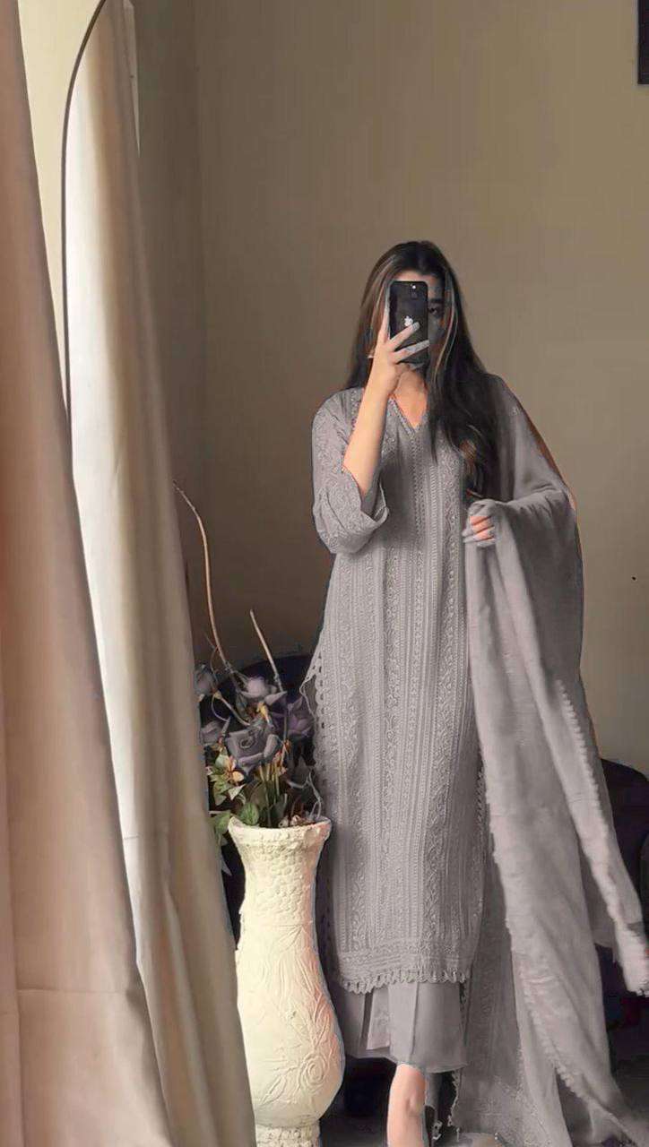 Women's Chinon Silk with Cotton Thread Embroidery Straight Kurti With Pant and Dupatta set - Image 6