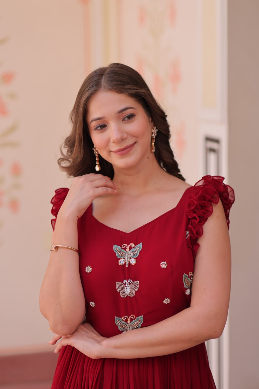 Women's Elegant Plum Purple Georgette Anarkali Gown with Butterfly Applique & Ruffle Sleeves – Festive & Special Occasion Wear - Image 11